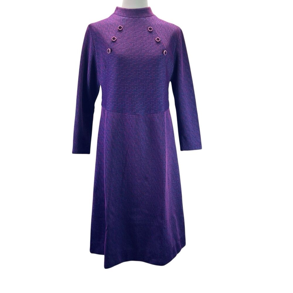 Vintage Handmade Purple & Pink Textured Mock Neck Midi Dress Mod Design Size M